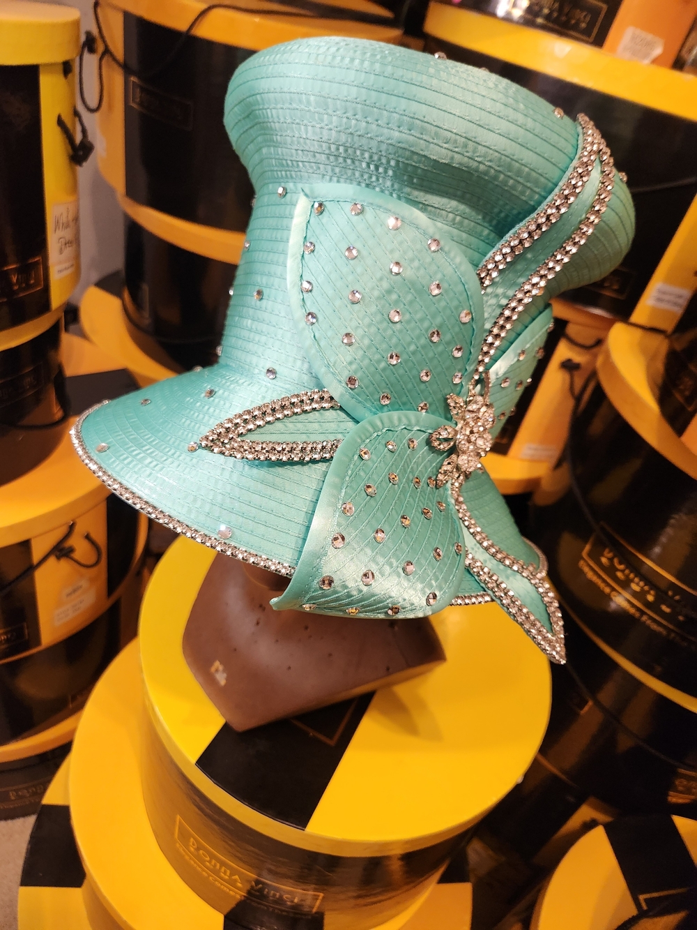 Donna Vinci Couture Aqua Rhinestone Bow Church Hat One Size